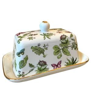 Grace Teaware Porcelain Butter Dish w/ Lid Green  Floral Purple Butterflies New